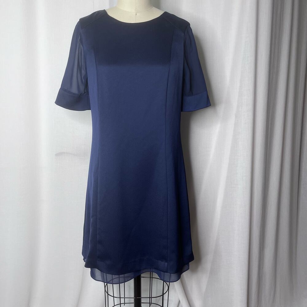 Marc New York by Andrew Marc Blue Satin Dress With Chiffon Sleeves Size 6